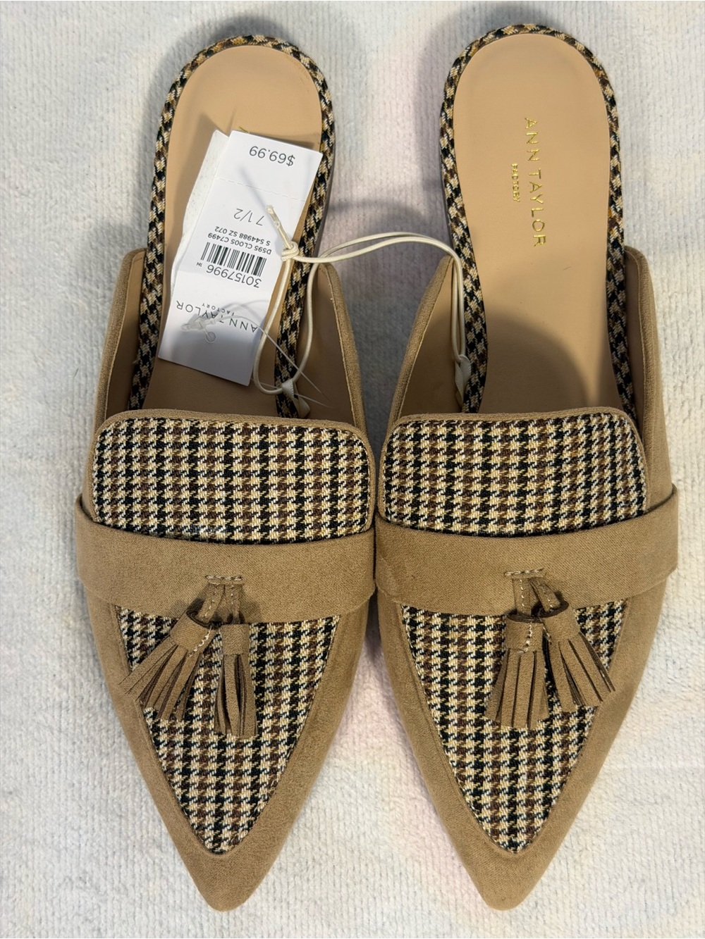 NWT Ann Taylor Factory Houndstooth Tassel Pointed Toe Mules Slides 7.5